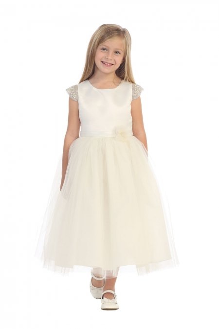 Ivory Satin Flower Girl Dress with Beaded Short Sleeves Ivory Satin Flower Girl Dress with Beaded Short Sleeves